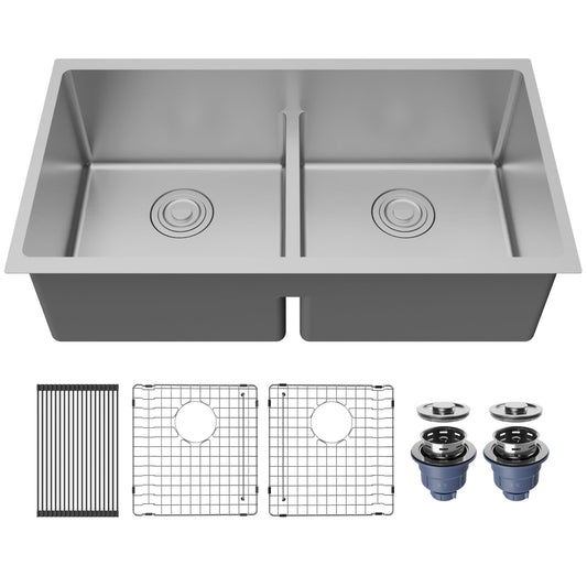 Fusion 33" Undermount 16 Gauge Double Bowl Stainless Steel Sink with Accessories