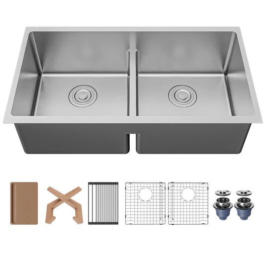 Fusion 33" Undermount Workstation 16 Gauge Double Bowl Stainless Steel Sink with Accessories