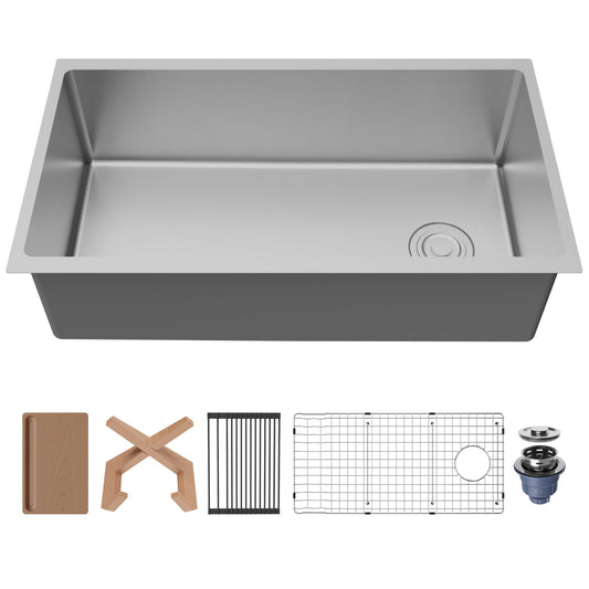 Fusion 33" Undermount Workstation 16 Gauge Single Bowl Stainless Steel Sink with Accessories