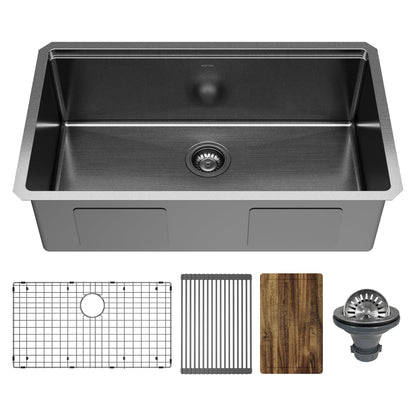 Elite 32" Undermount Workstation 16 Gauge Single Bowl Stainless Steel Kitchen Sink In Gunmetal Black