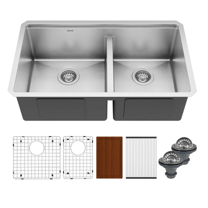 32" Undermount Double Offset Bowl Stainless Steel Workstation Kitchen Sink