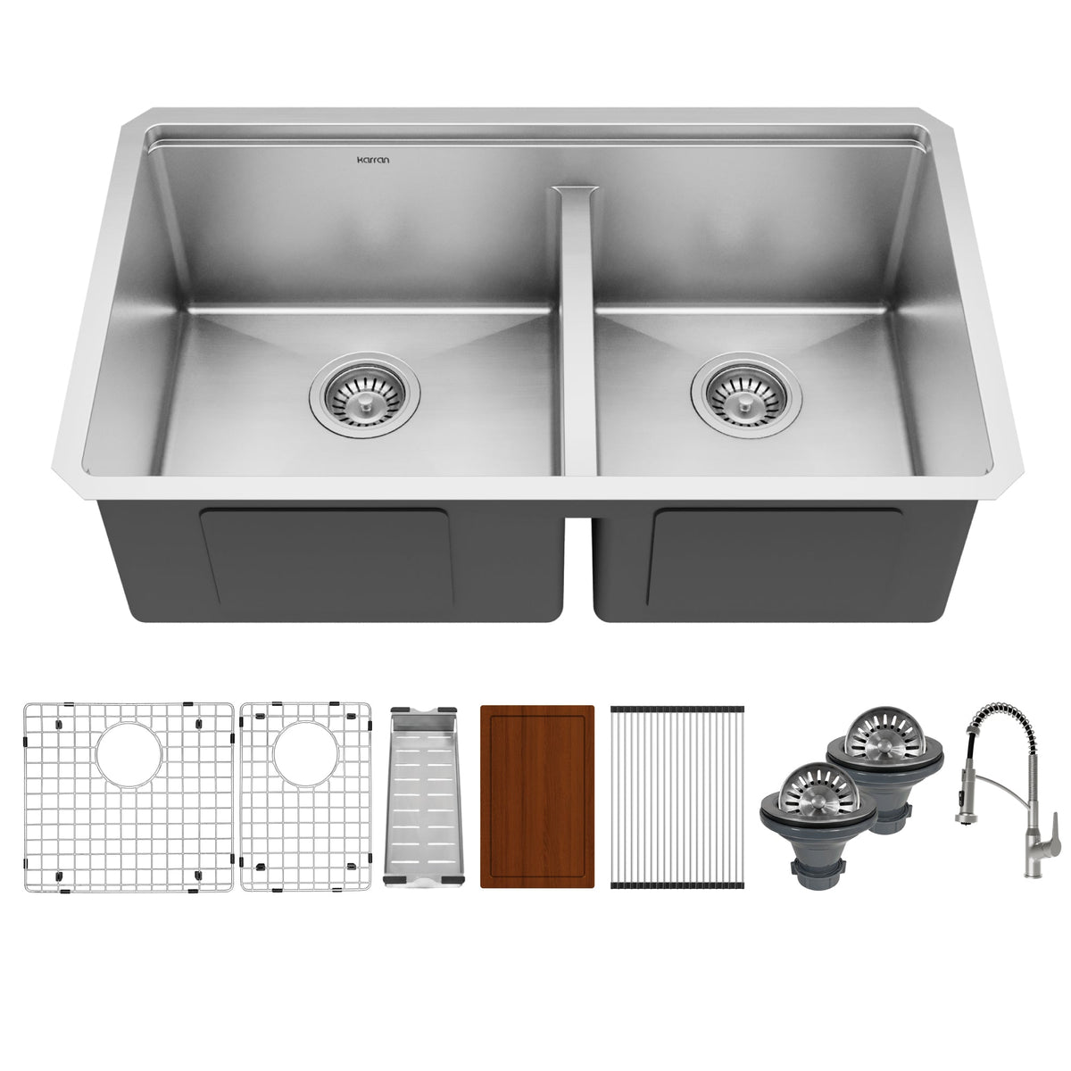 Elite 32" Undermount Workstation 16 Gauge Double Bowl Stainless Steel Kitchen Sink with Scottsdale Pull-Down Faucet
