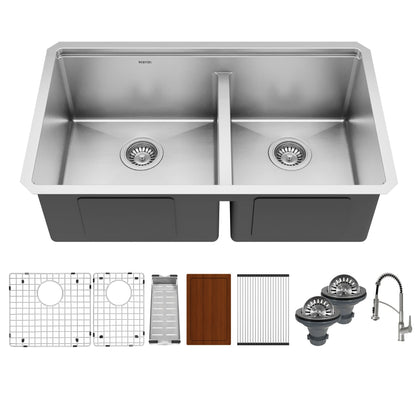Elite 32" Undermount Workstation 16 Gauge Double Bowl Stainless Steel Kitchen Sink with Scottsdale Pull-Down Faucet