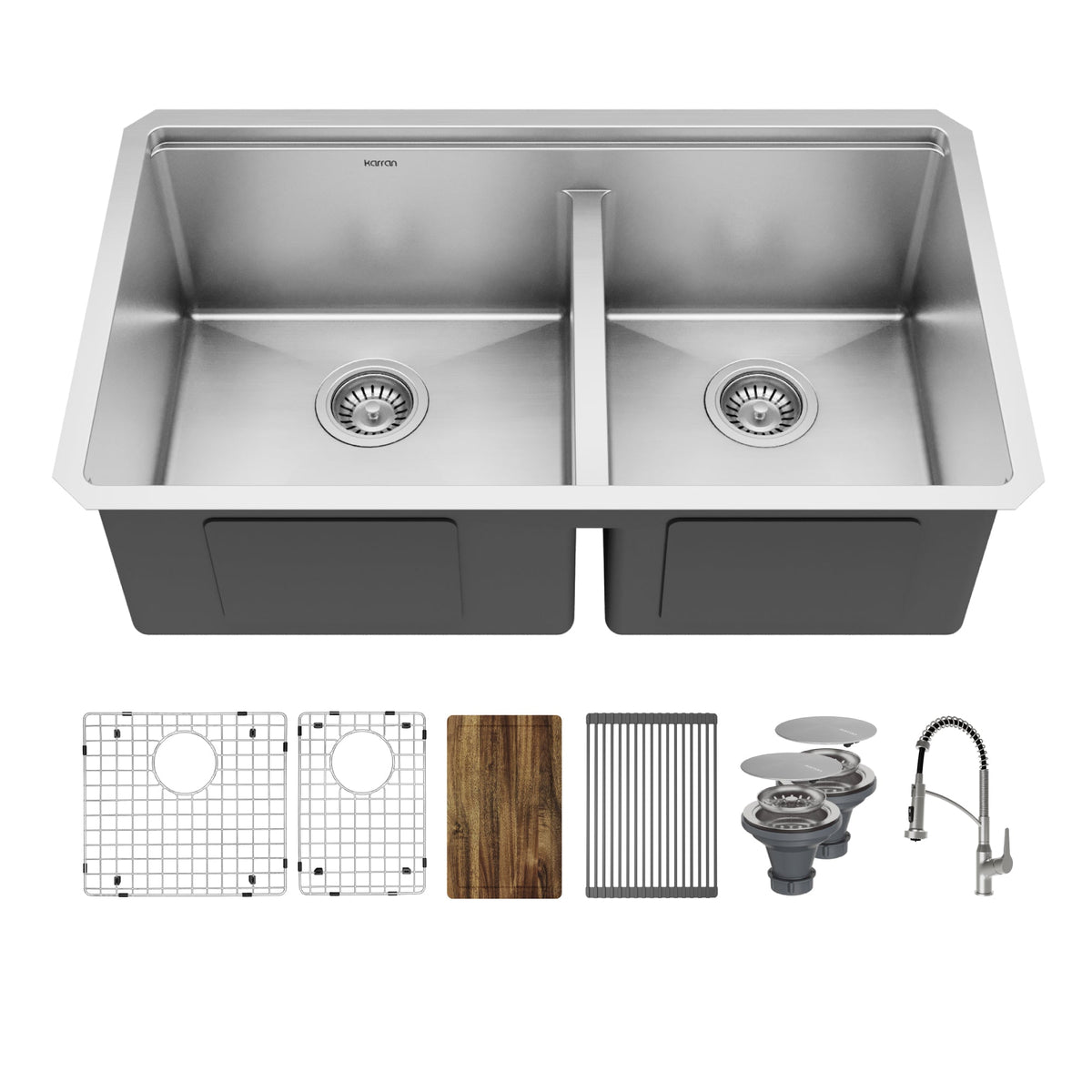 Elite 32" Undermount Workstation 16 Gauge Double Bowl Stainless Steel Kitchen Sink with Scottsdale Pull-Down Faucet