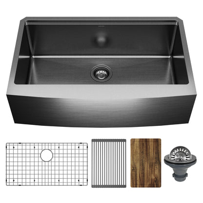 Elite 33" Apron Front Workstation 16 Gauge Single Bowl Stainless Steel Kitchen Sink In Gunmetal Black