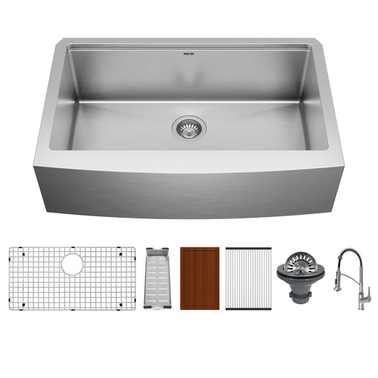 Elite 32" Apron Front Workstation 16 Gauge Single Bowl Stainless Steel Kitchen Sink with Scottsdale Pull-Down Faucet