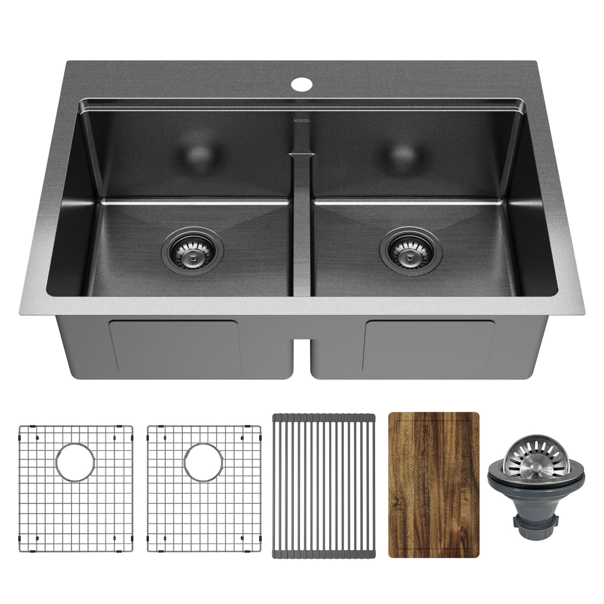 Elite 33" Top Mount Workstation 16 Gauge Stainless Steel Double Bowl Kitchen Sink In Gunmetal Black