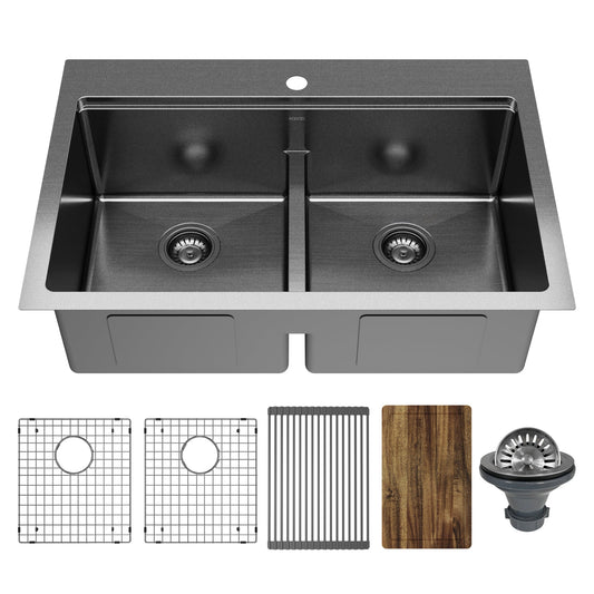 Elite 33" Top Mount Workstation 16 Gauge Stainless Steel Double Bowl Kitchen Sink In Gunmetal Black