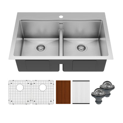 33" Top Mount Double Equal Bowl Stainless Steel Workstation Kitchen Sink