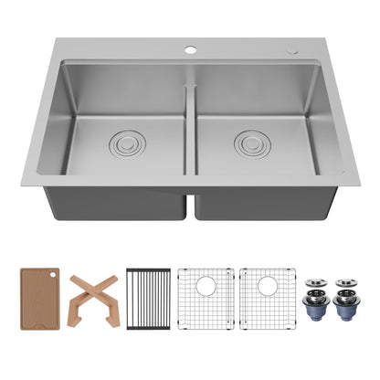 Fusion 33" Top Mount Workstation 16 Gauge Double Bowl Stainless Steel Sink with Accessories