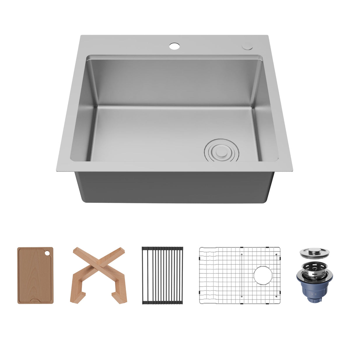 Fusion 25" Top Mount Workstation 16 Gauge Single Bowl Stainless Steel Sink with Accessories