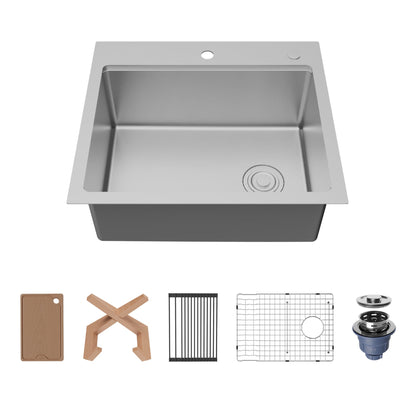 Fusion 25" Top Mount Workstation 16 Gauge Single Bowl Stainless Steel Sink with Accessories