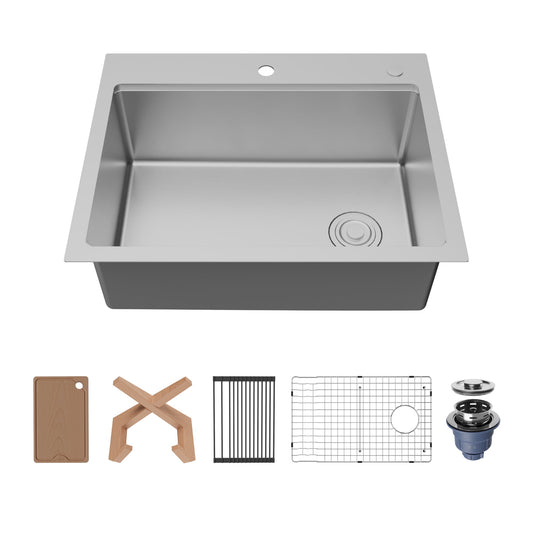Fusion 28" Top Mount Workstation 16 Gauge Single Bowl Stainless Steel Sink with Accessories