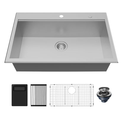Fusion 33" Top Mount Workstation 18 Gauge Single Bowl Stainless Steel Sink with Accessories