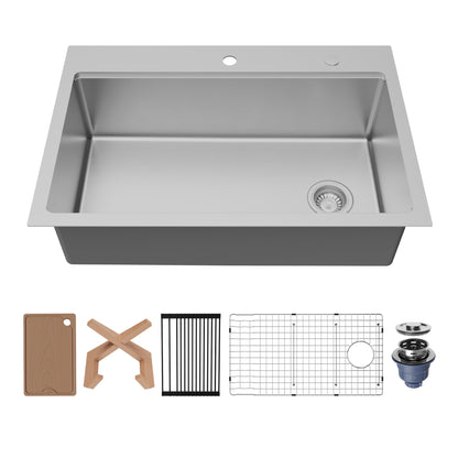 Fusion 33" Top Mount Workstation 16 Gauge Single Bowl Stainless Steel Sink with Accessories