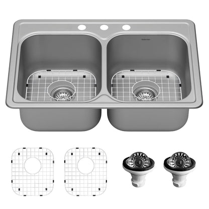 Profile 33" Top Mount 18 Gauge Double Bowl Stainless Steel Kitchen Sink with Accessories