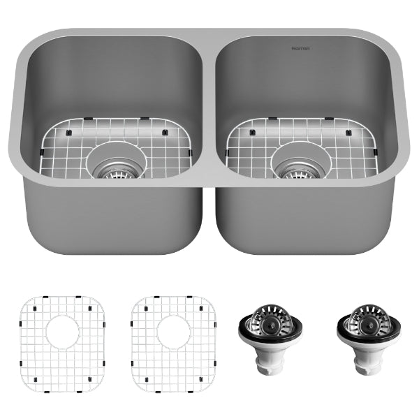 Profile 32" Undermount 16 Gauge Double Bowl Stainless Steel Kitchen Sink with Accessories