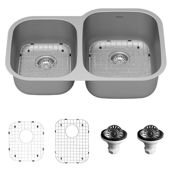Profile 32" Undermount 16 Gauge Double Offset Bowl Stainless Steel Kitchen Sink with Accessories