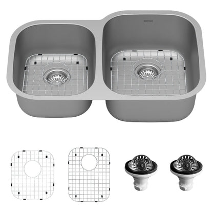 Profile 32" Undermount 16 Gauge Double Offset Bowl Stainless Steel Kitchen Sink with Accessories