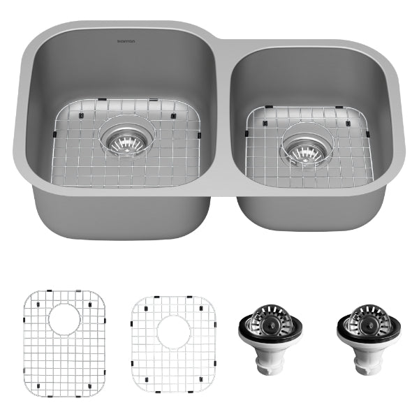 Profile 32" Undermount 16 Gauge Double Offset Bowl Stainless Steel Kitchen Sink with Accessories