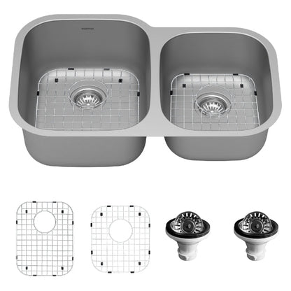 Profile 32" Undermount 16 Gauge Double Offset Bowl Stainless Steel Kitchen Sink with Accessories