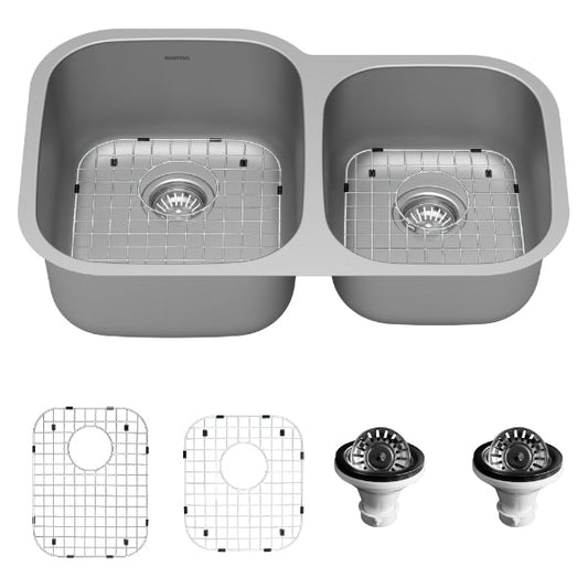 Profile 32" Undermount 16 Gauge Double Offset Bowl Stainless Steel Kitchen Sink with Accessories