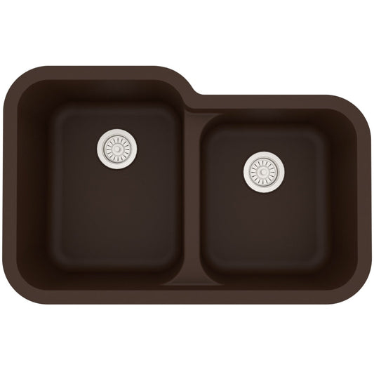32-3/8" Seamless Undermount Double Offset Bowl Quartz Composite Kitchen Sink In Brown