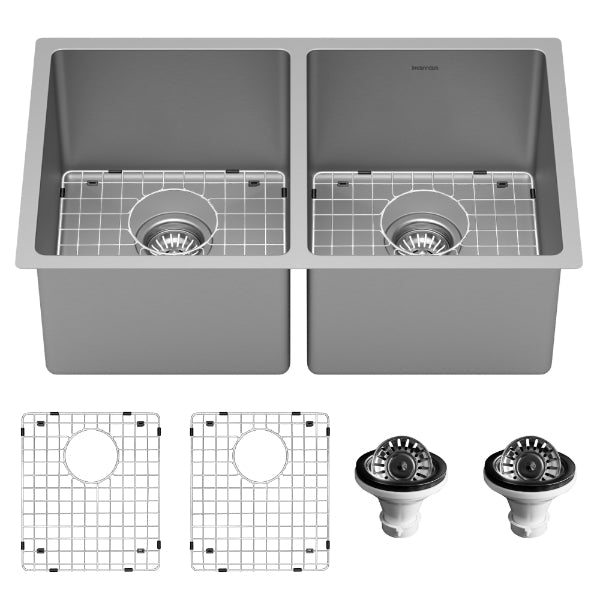 Select 30" Undermount 16 Gauge Double Bowl Stainless Steel Kitchen Sink with Accessories