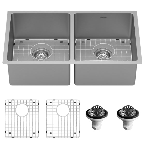 Select 32" Undermount 16 Gauge Double Bowl Stainless Steel Kitchen Sink with Accessories