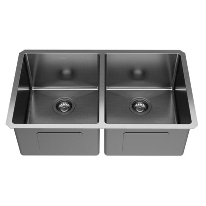 Elite 32" Undermount 16 Gauge Stainless Steel Double Bowl Kitchen Sink In Gunmetal Black