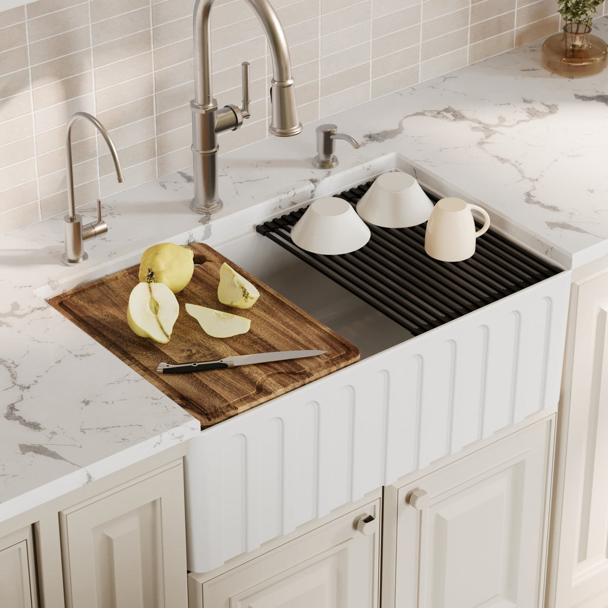 Fireclay 30" Reversible Apron Front Single Bowl Workstation Kitchen Sink In White