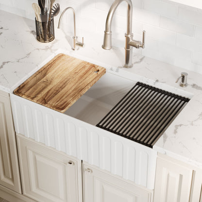 Fireclay 33" Reversible Apron Front Single Bowl Workstation Kitchen Sink In White