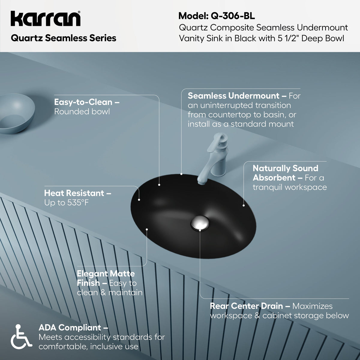 19" Seamless Undermount Quartz Composite Bathroom Sink In Black