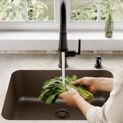 24-1/8" Seamless Undermount Single Bowl Quartz Composite Kitchen Sink In Brown