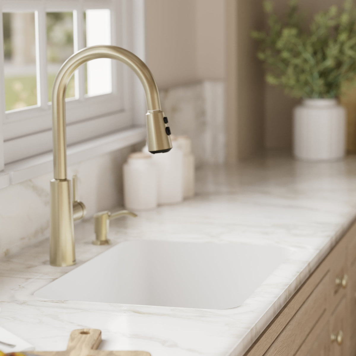 24-1/8" Seamless Undermount Single Bowl Quartz Composite Kitchen Sink In White