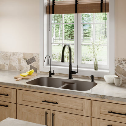 32-7/8" Seamless Undermount Doube Equal Bowl Quartz Composite Kitchen Sink In Brown