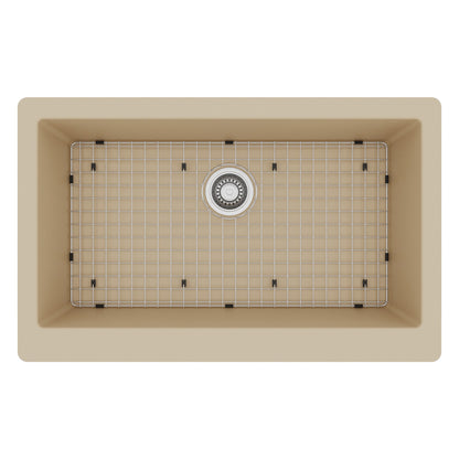 Farmhouse/Apron-Front Quartz Composite 34" Single Bowl Kitchen Sink Kit In Bisque