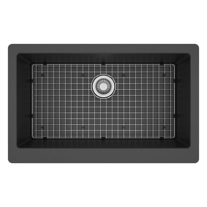 34" Farmhouse Large Single Bowl Quartz Composite Kitchen Sink Kit In Black
