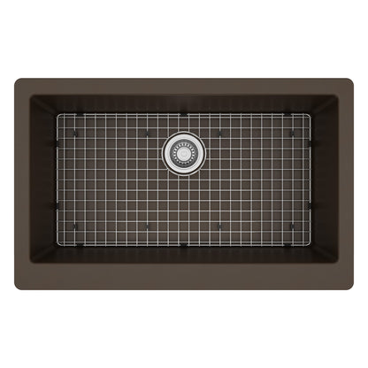 34" Farmhouse Large Single Bowl Quartz Composite Kitchen Sink Kit In Brown