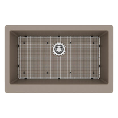 34" Farmhouse Large Single Bowl Quartz Composite Kitchen Sink Kit In Concrete