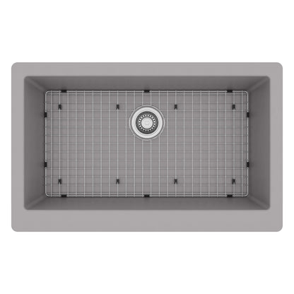 34" Farmhouse Large Single Bowl Quartz Composite Kitchen Sink Kit In Grey