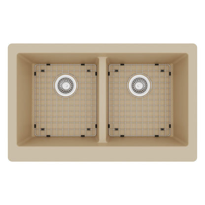 34" Farmhouse Double Equal Bowl Quartz Composite Kitchen Sink Kit In Bisque