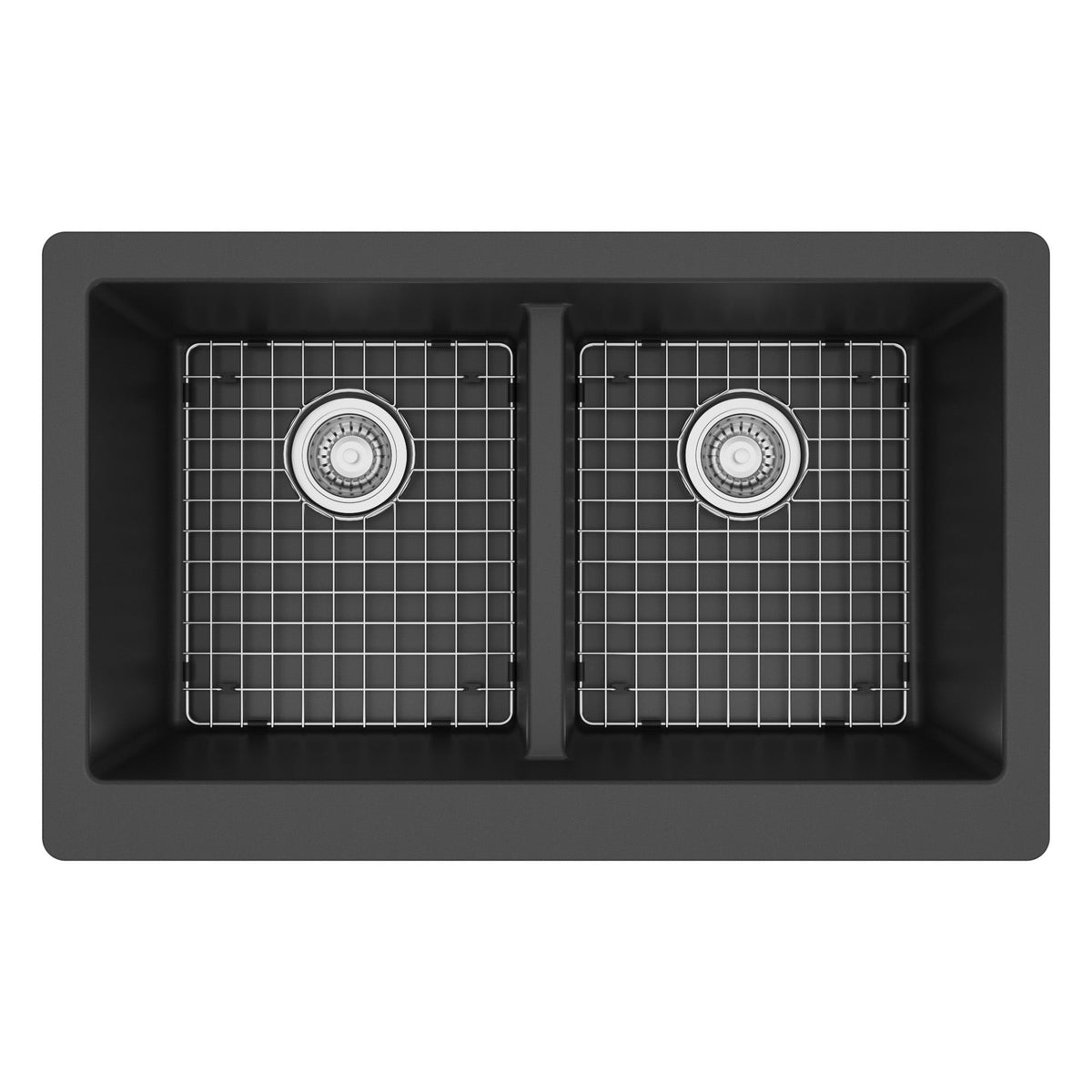 34" Farmhouse Double Equal Bowl Quartz Composite Kitchen Sink Kit In Black
