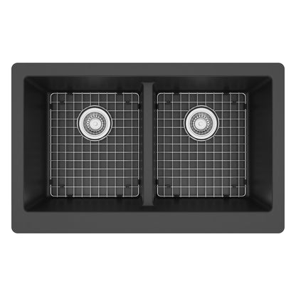 34" Farmhouse Double Equal Bowl Quartz Composite Kitchen Sink Kit In Black