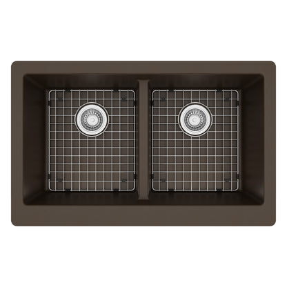 34" Farmhouse Double Equal Bowl Quartz Composite Kitchen Sink Kit In Brown