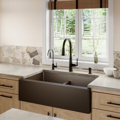 34" Farmhouse Double Equal Bowl Quartz Composite Kitchen Sink In Brown