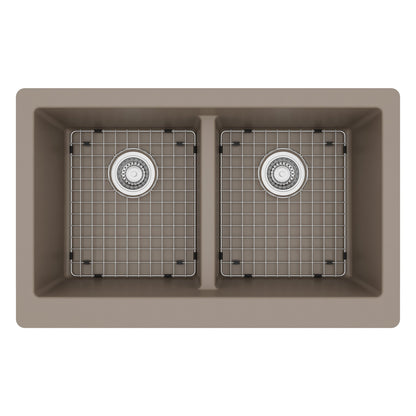 34" Farmhouse Double Equal Bowl Quartz Composite Kitchen Sink Kit In Concrete