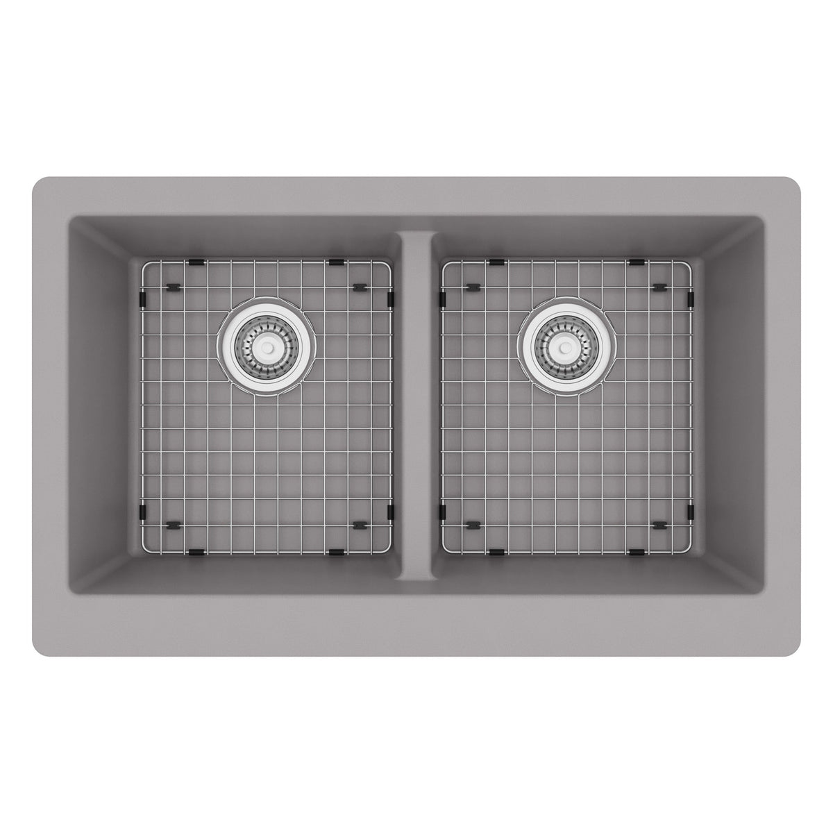34" Farmhouse Double Equal Bowl Quartz Composite Kitchen Sink Kit In Grey
