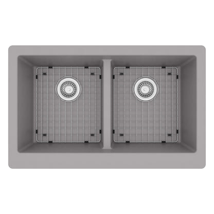 34" Farmhouse Double Equal Bowl Quartz Composite Kitchen Sink Kit In Grey