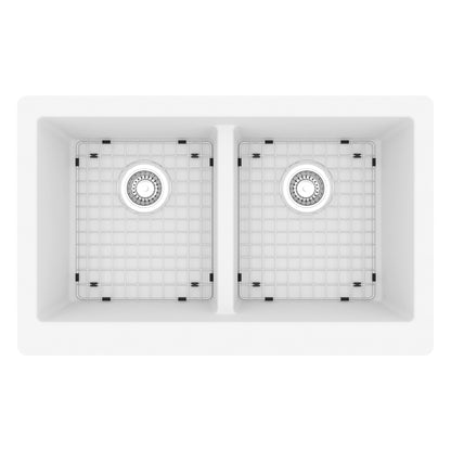 34" Farmhouse Double Equal Bowl Quartz Composite Kitchen Sink Kit In White